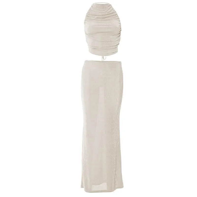 halter-solid-backless-self-tie-ruched-maxi-skirt-set