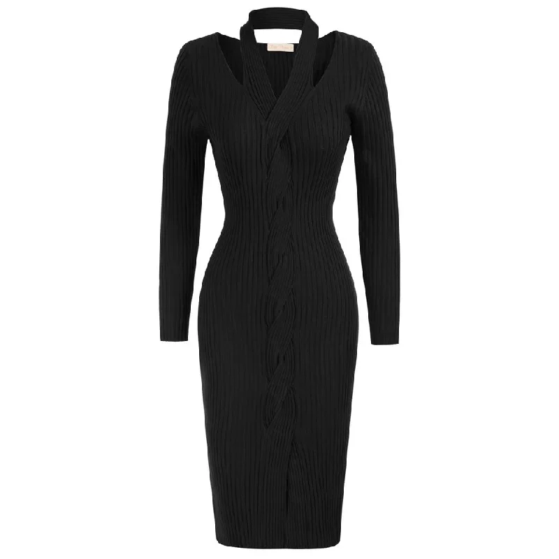 Halterneck Sweater Dress Long Sleeve Front Slit Knitted Bodycon Dress