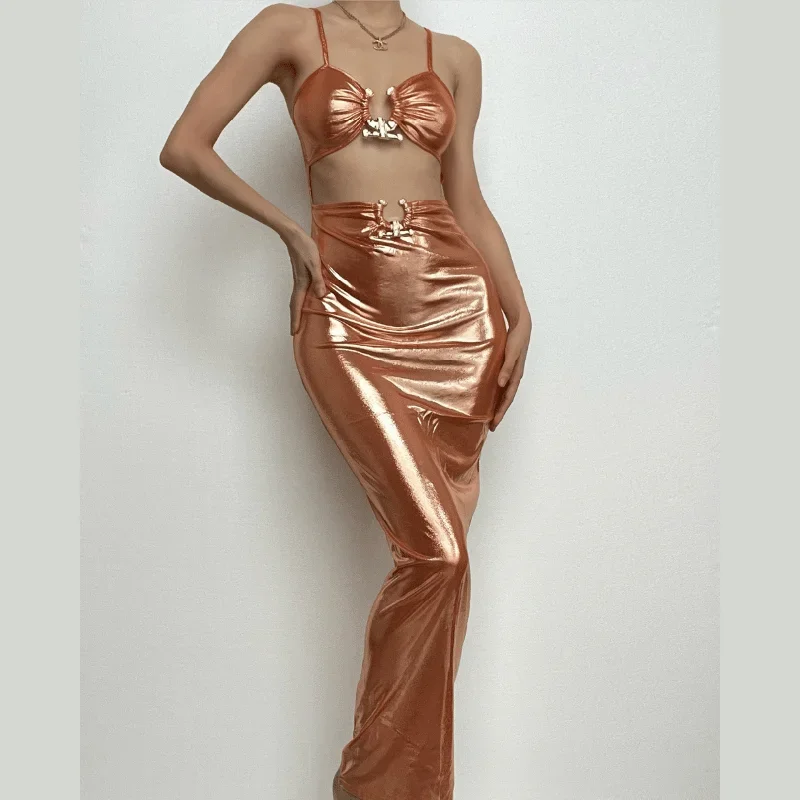 BerryBetty - Hollow out metallic ruched backless metal applique cami maxi dress