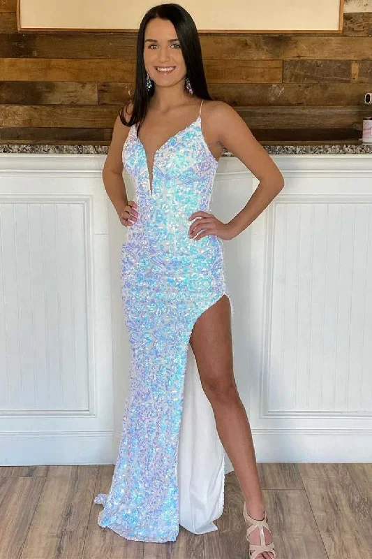 Iridescent White Sequin V-Neck Backless Mermaid Prom Dress