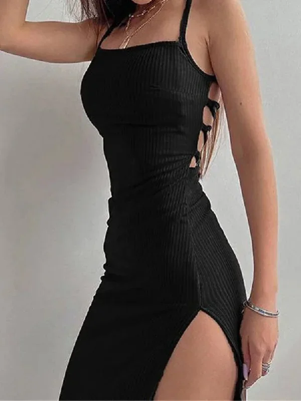 Julia Fashion - Sexy Black Long Sleeveless Blackless Mini Dress