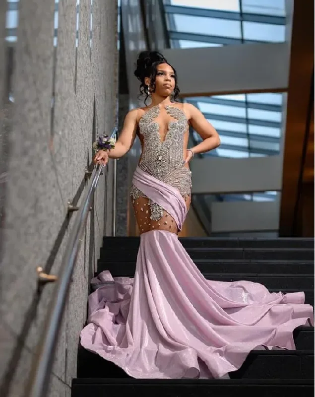 Lavender Pink Sparkly Long Evening Formal Dresses for Black Girl 2024 Luxury Diamond Gillter Sheer Prom Birthday Gala Dress