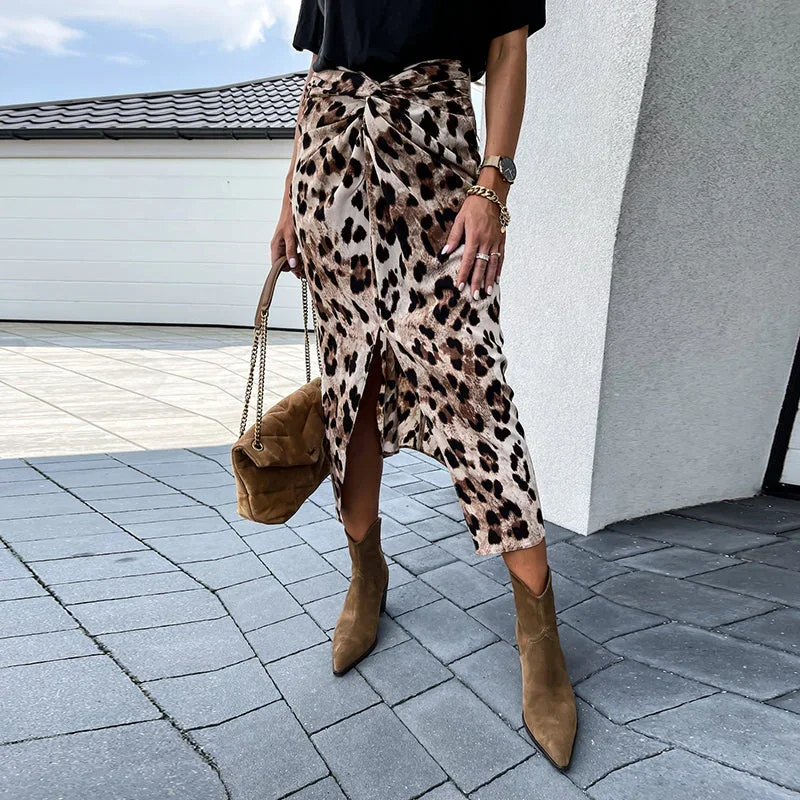 JuliaFashion - 2024 Women Front Knot Leopard Print High Waist Split Slim Skirt