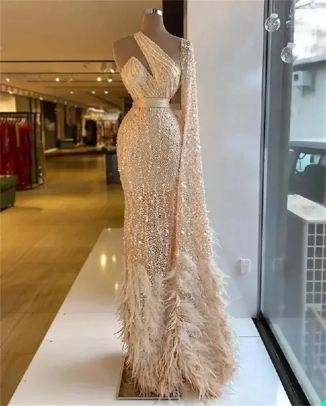 Luxury Champagne Mermaid Arab Dubai Evening Dresses Sequin Beaded One Shoulder Long Sleeve Feather Porm Dress vestidos de noche