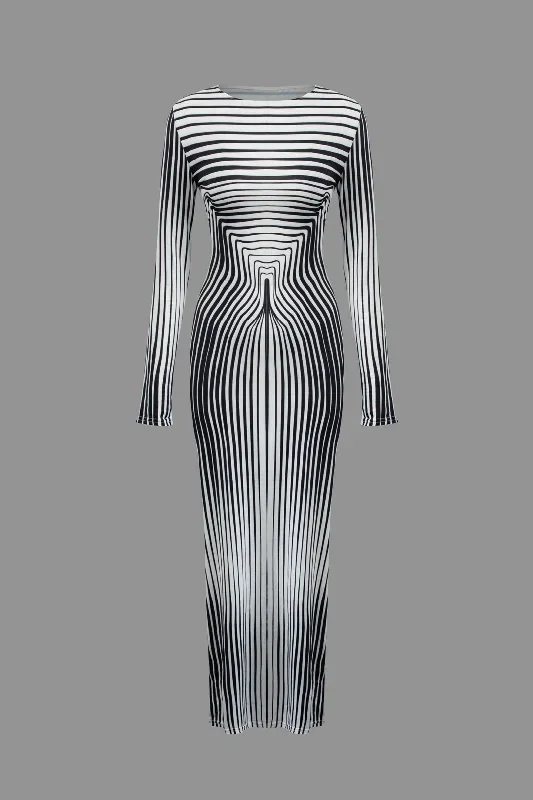 Stripe Contrast Round Neck Long Sleeve Maxi Dress