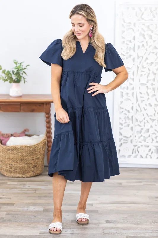 Navy Cotton Poplin Ruffled Midi Dress