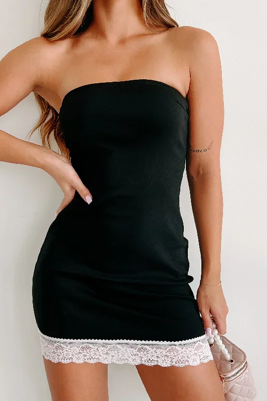 Not Yours Anymore Strapless Bodycon Dress With Lace Hem (Black)