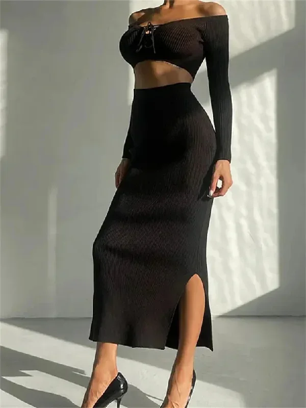 off-shoulder-long-sleeve-tie-up-sweaters-long-skirts-suits