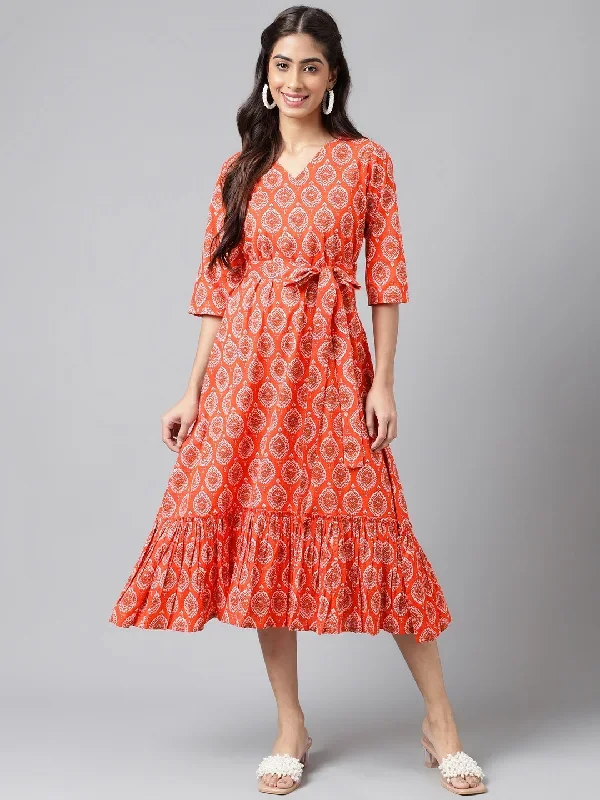 Orange Cotton Ethnic Motifs Printed Ruffled Dress