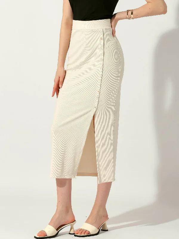 Pencil Basic Skirt Midi Casual Side Split Ribbed Knit Bodycon Skirts