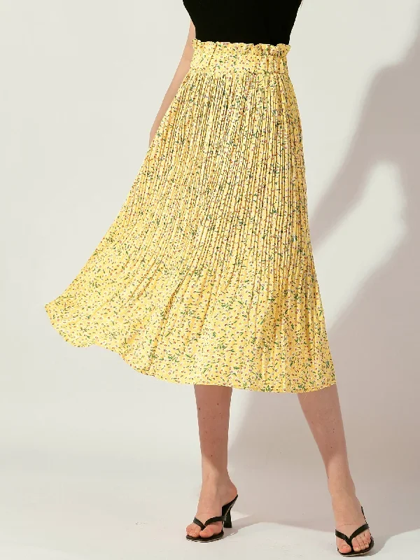 Floral Pleated Ruffled Elastic Waist Pockets A-Line Midi Skirt