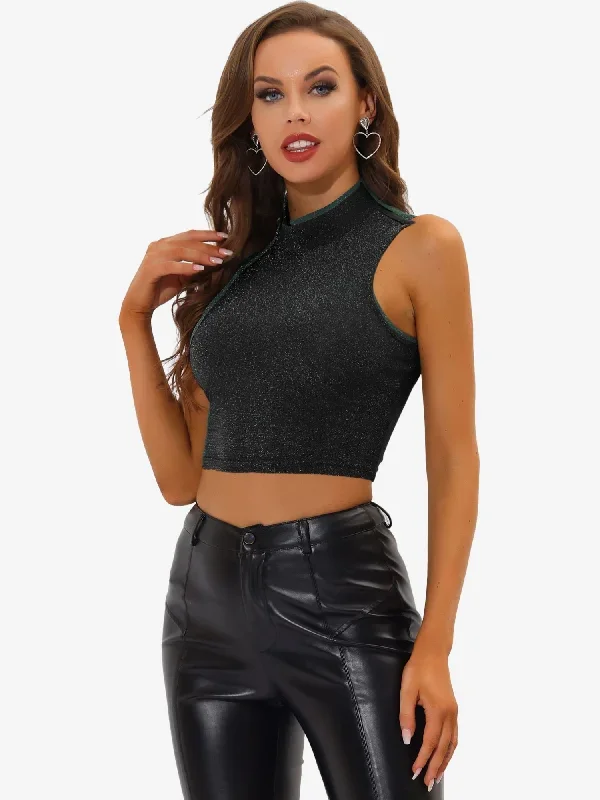 Mock Neck Glitter Christmas Keyhole Back Sleeveless Party Crop Top