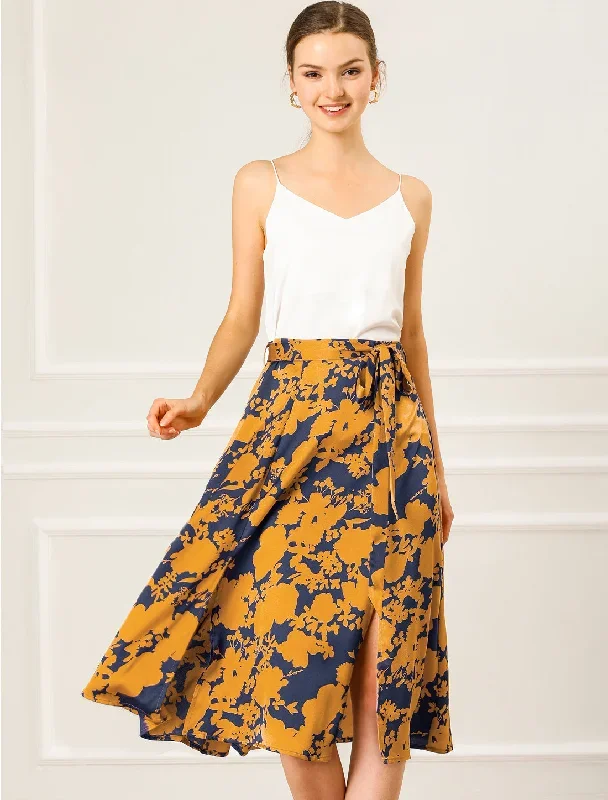 Slits Front High Waist A-Line Belted Floral Flowy Midi Skirt