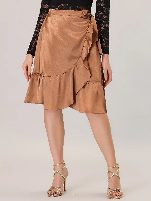 Ruffle Satin High Waist Tie Wrap Asymmetrical Midi Skirt