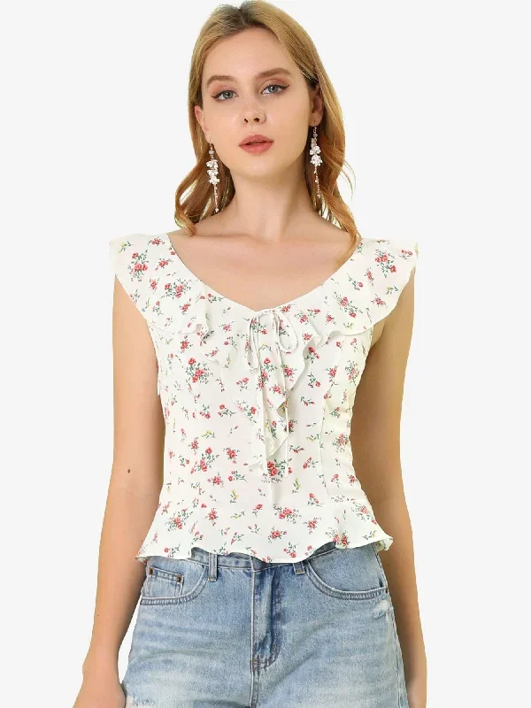 Summer Sleeveless Ruffle Smocked Back Tank Top Floral Blouse