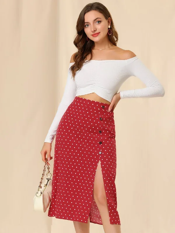 Vintage Button Decor Midi Heart Split Pencil Skirt