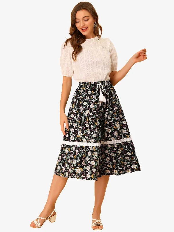 Floral Tropical Lace Insert Elastic Drawstring Midi Tiered Skirt