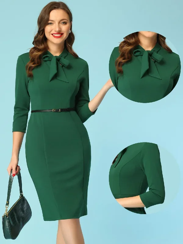 St. Patrick's Day Front Tie Neck 3/4 Sleeve Work Bodycon Sheath Dress