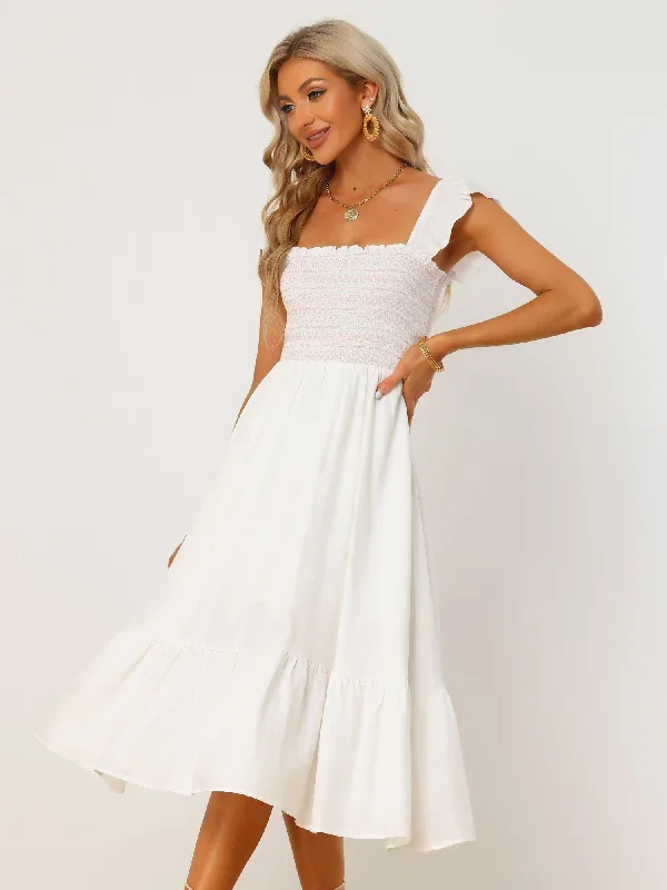 Boho Midi Square Neck Ruffle Tiered Flowy Smocked Sundress