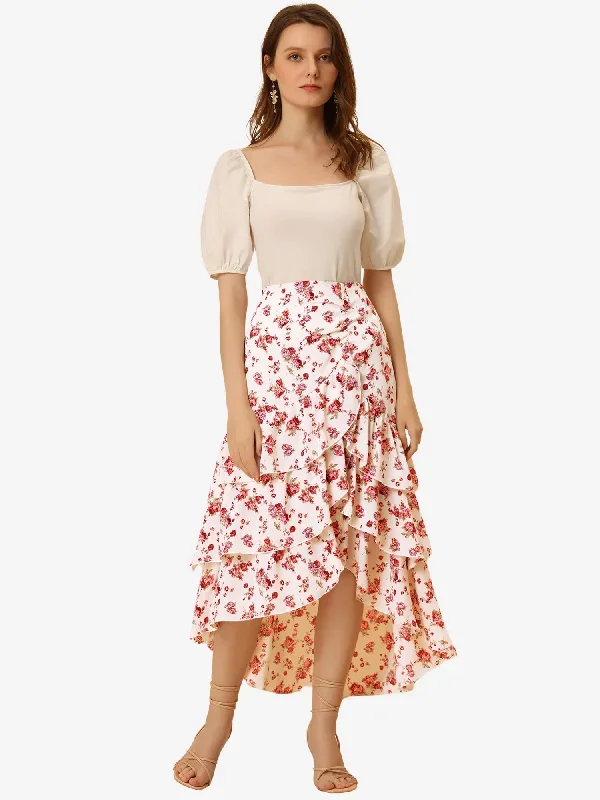 Floral Maxi Elastic Waist Flowy High Low Hem Layered Ruffle Skirt