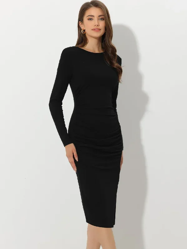 Casual Long Sleeve Side Slit Ruched Fitted Midi Bodycon Dress