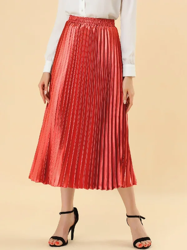 Party Elastic Waist Metallic Shiny Pleated Midi Skirt