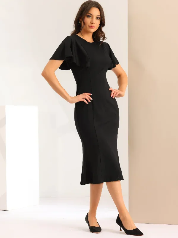 Ruffle Sleeve Round Neck Casual Cocktail Party Work Midi Sheath Dress