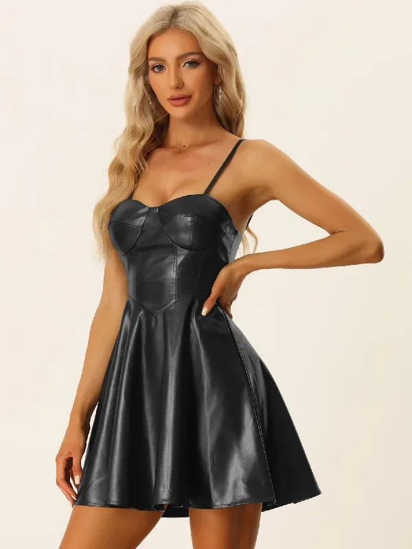 PU Spaghetti Strap Sweetheart Neckline A-line Dress