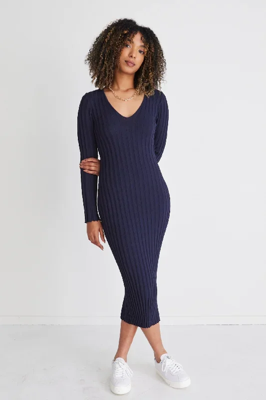 Parker Indigo Ls V Neck Wide Rib Knit Dress