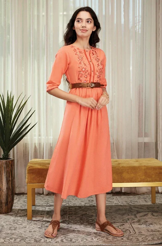 Orange Cotton Flex Embroidery Flared Western Dress