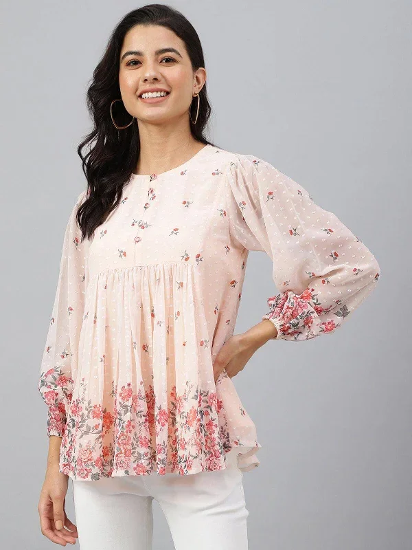 Peach Georgette Floral Print Flared Top