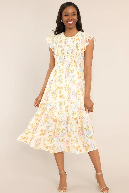 Petal Power Ivory Floral Smocked Midi Dress