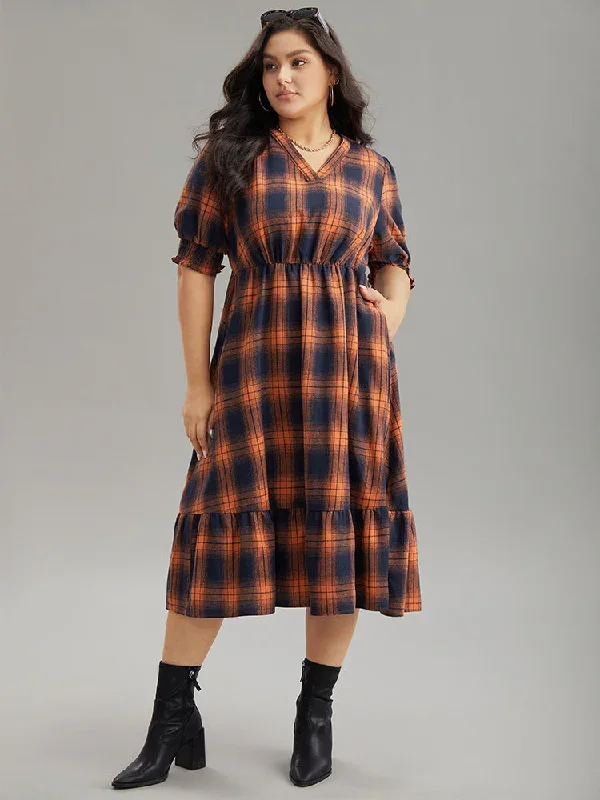 Plaid Shirred Ruffles Pocket Dress