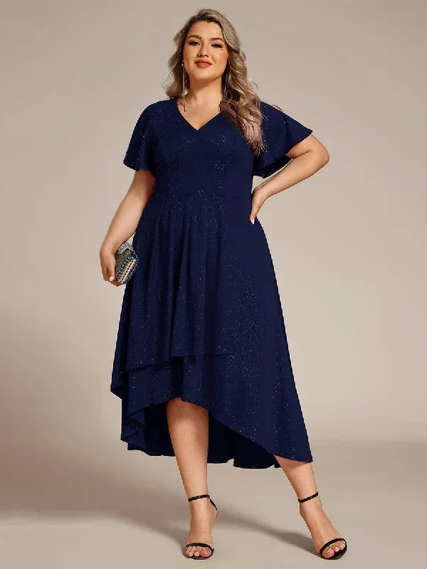 Plus Size  Ruffled Sleeves Glitery V-Neck Midi Wedding Guest Dress