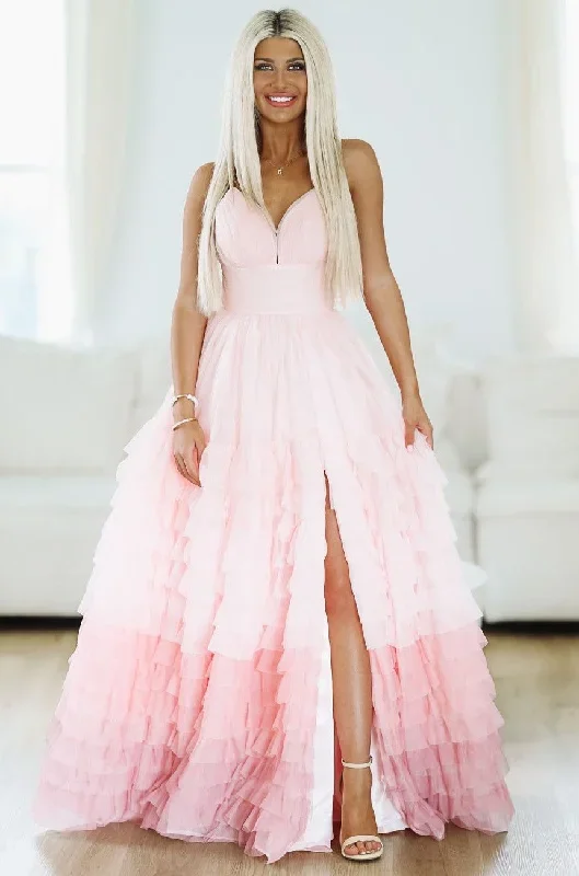 Purely Romantic Ombre Ruffle Tiered Maxi Gown - Blush Pink