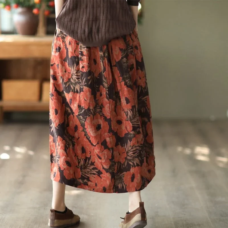 retro-floral-print-linen-casual-a-line-skirt