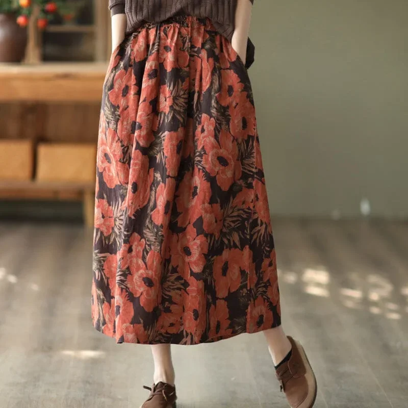 retro-floral-print-linen-casual-a-line-skirt