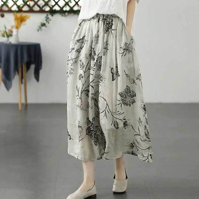 Retro Flower Print Loose Casual A-Line Linen Skirt