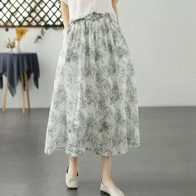 retro-flower-print-loose-casual-a-line-linen-skirt