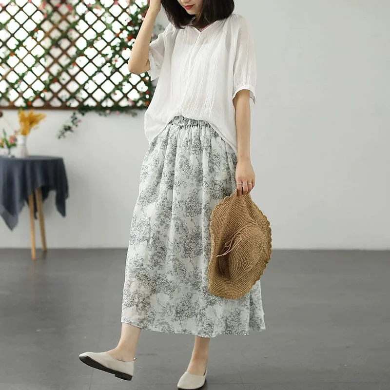 retro-flower-print-loose-casual-a-line-linen-skirt