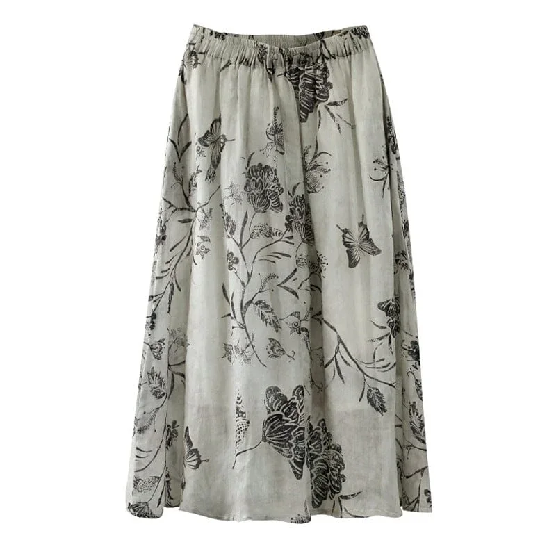 retro-flower-print-loose-casual-a-line-linen-skirt