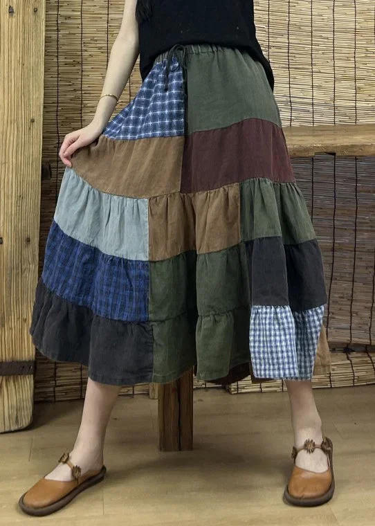 retro-plaid-elastic-waist-patchwork-cotton-skirts-fall