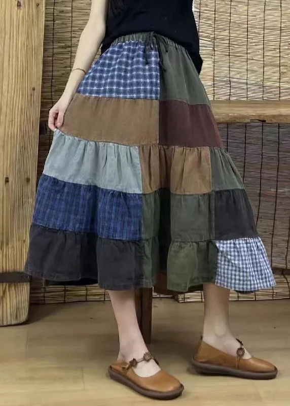 retro-plaid-elastic-waist-patchwork-cotton-skirts-fall