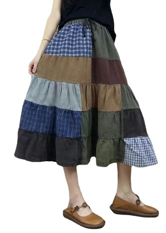 retro-plaid-elastic-waist-patchwork-cotton-skirts-fall