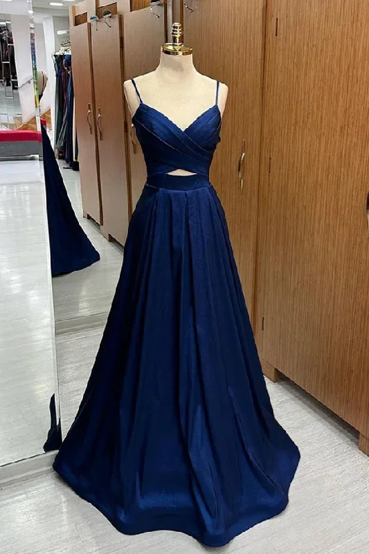 Royal Blue Pleated Straps Cut-Out Satin Long Prom Dress