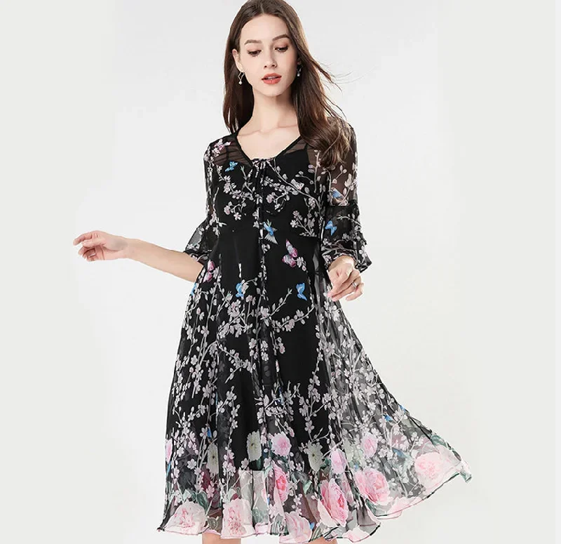 TWO PEARS-Ruffled Sleeve Floral Dress