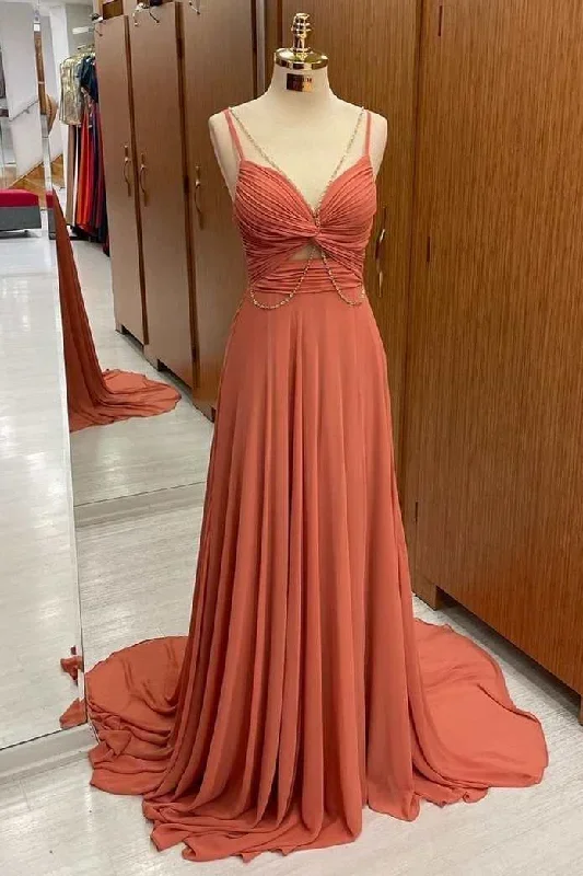 Rust Orange Twist Front A-Line Prom Dress