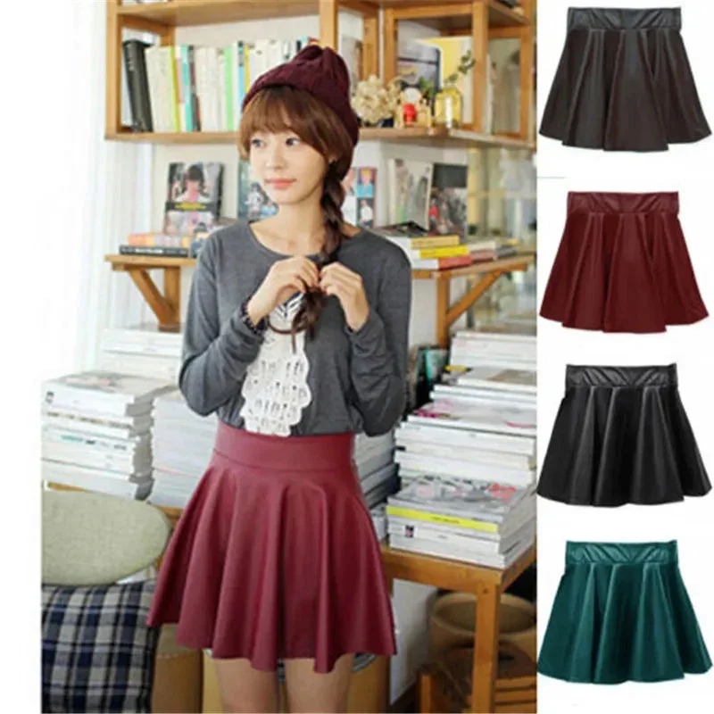 sexy-slim-pu-leather-high-waist-short-mini-pleated-party-faux-leather-skater-flare-pleated-skirts