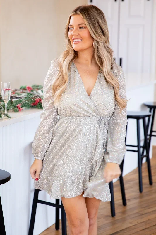 Silver Metallic Long Sleeve Wrap Dress