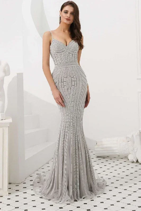 Silver Spaghetti Strap Rhinestone Mermaid Dress